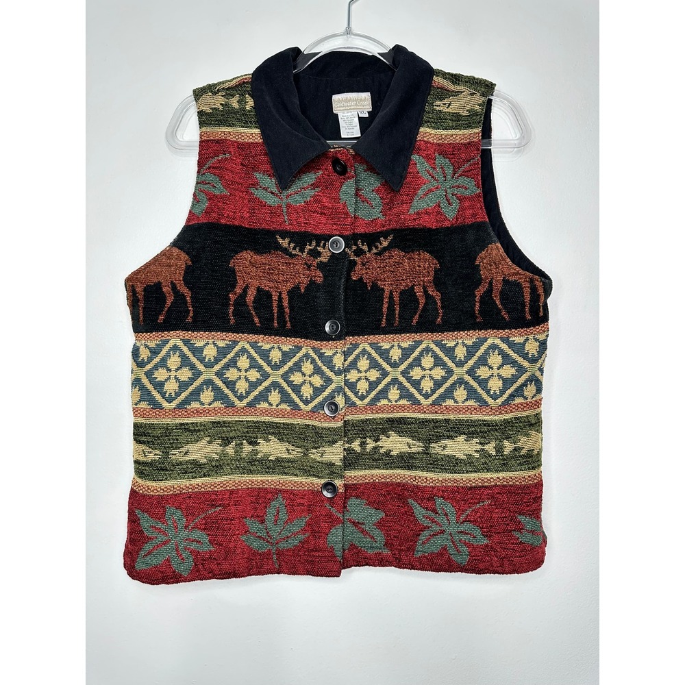 Coldwater Creek Tapestry Vest XL Multicolor Moose Fall Lodge Button Front
